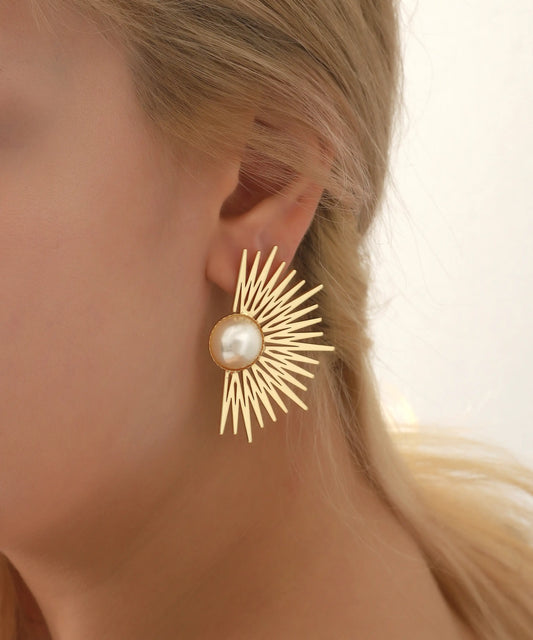 Modern Güneş Form Altın Kaplama İnci Küpe