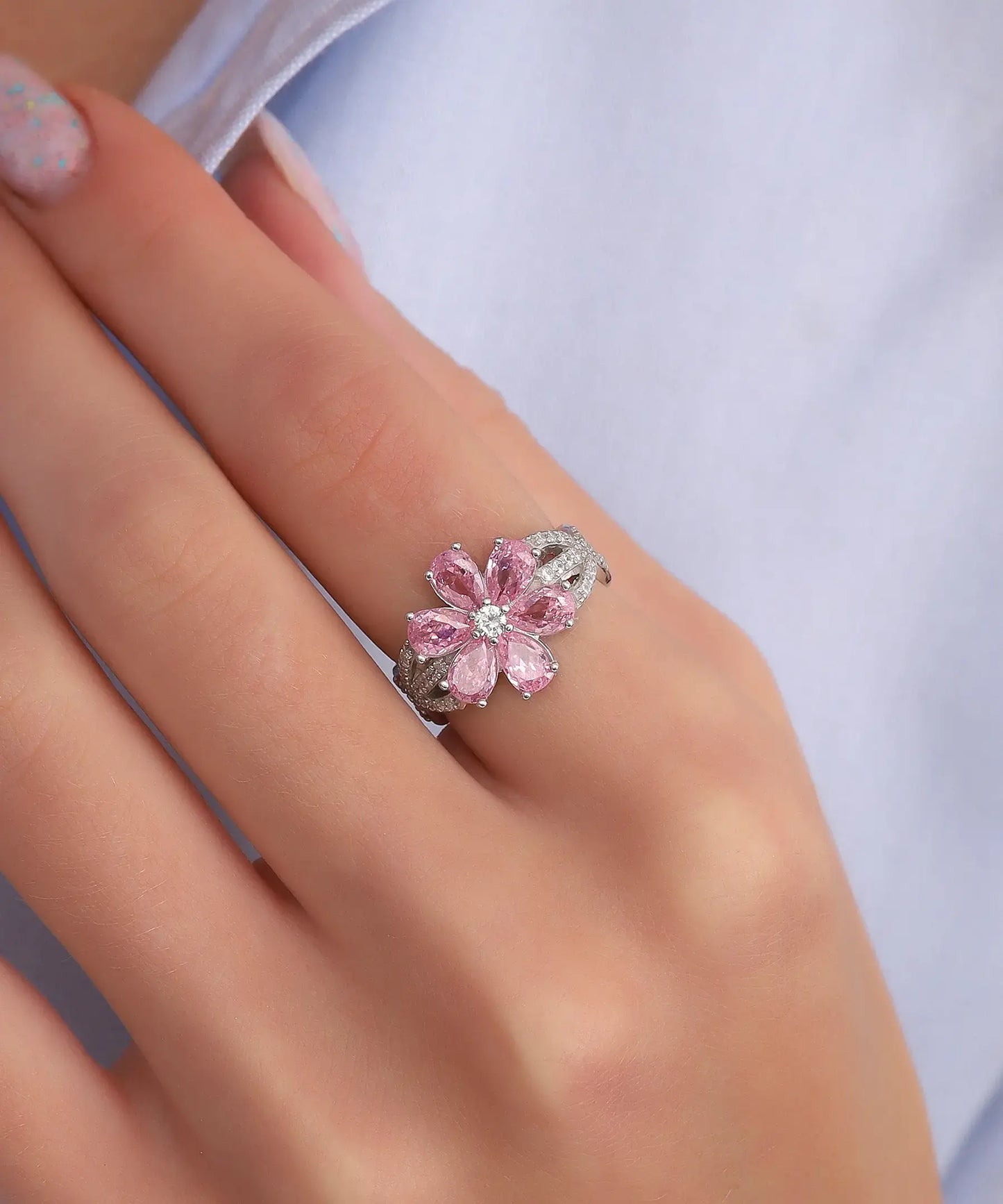 Çiçek Desen Mavi Taşlı Ayarlanabilir Yüzük