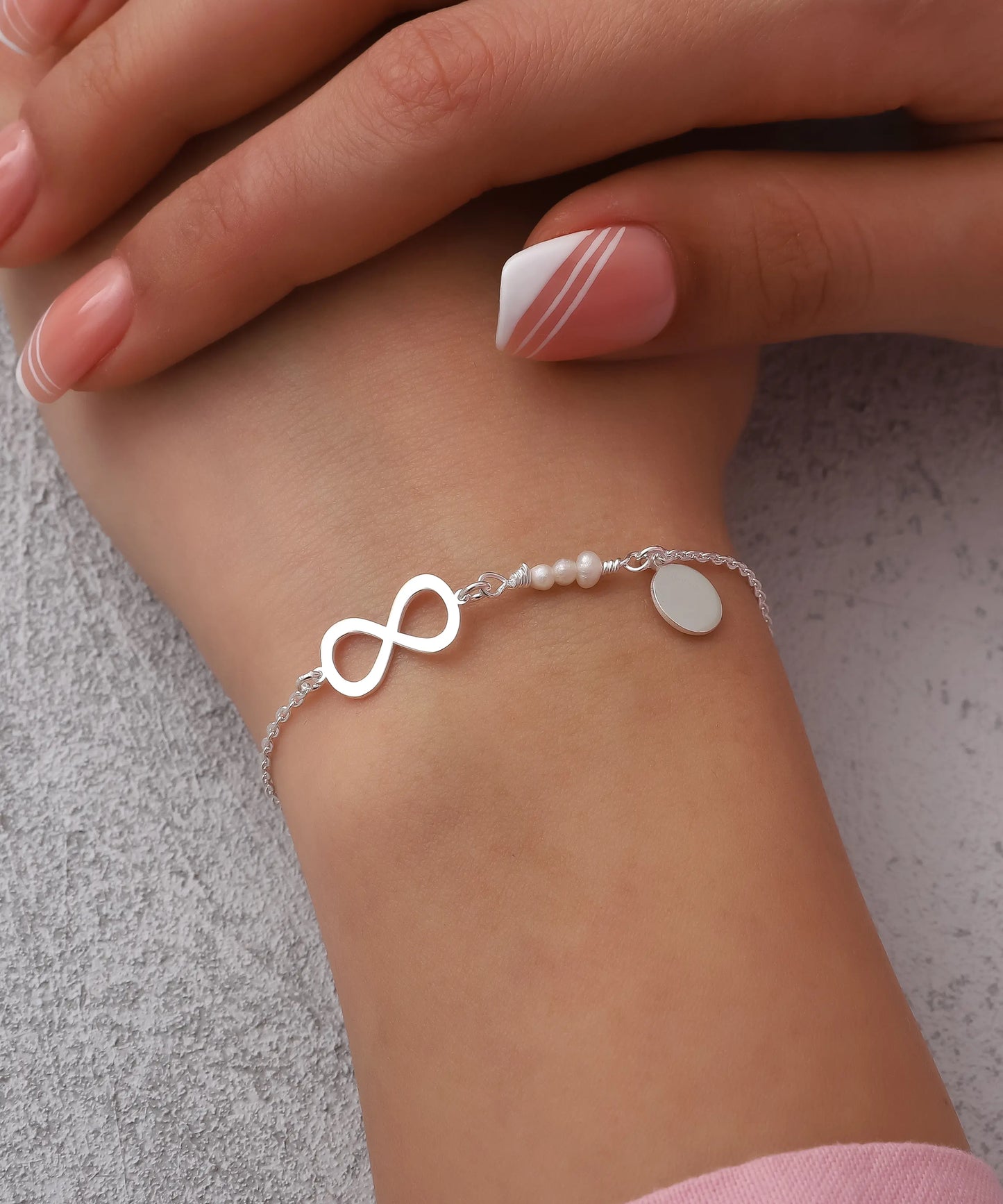 İnci Dokunuşlu Minimal Sonsuzluk Gümüş Bileklik