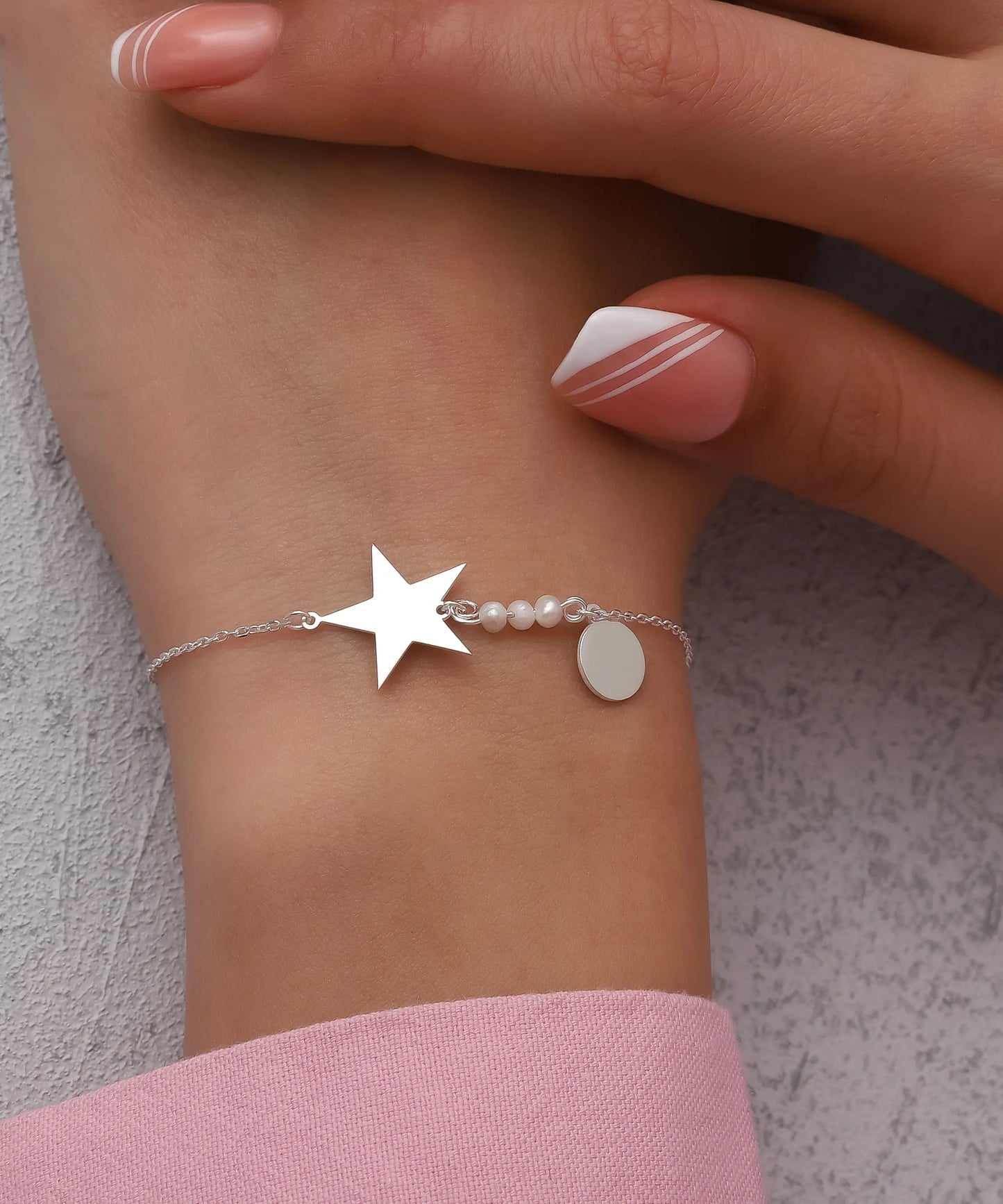 İnci Detaylı Minimal Yıldız Gümüş Bileklik