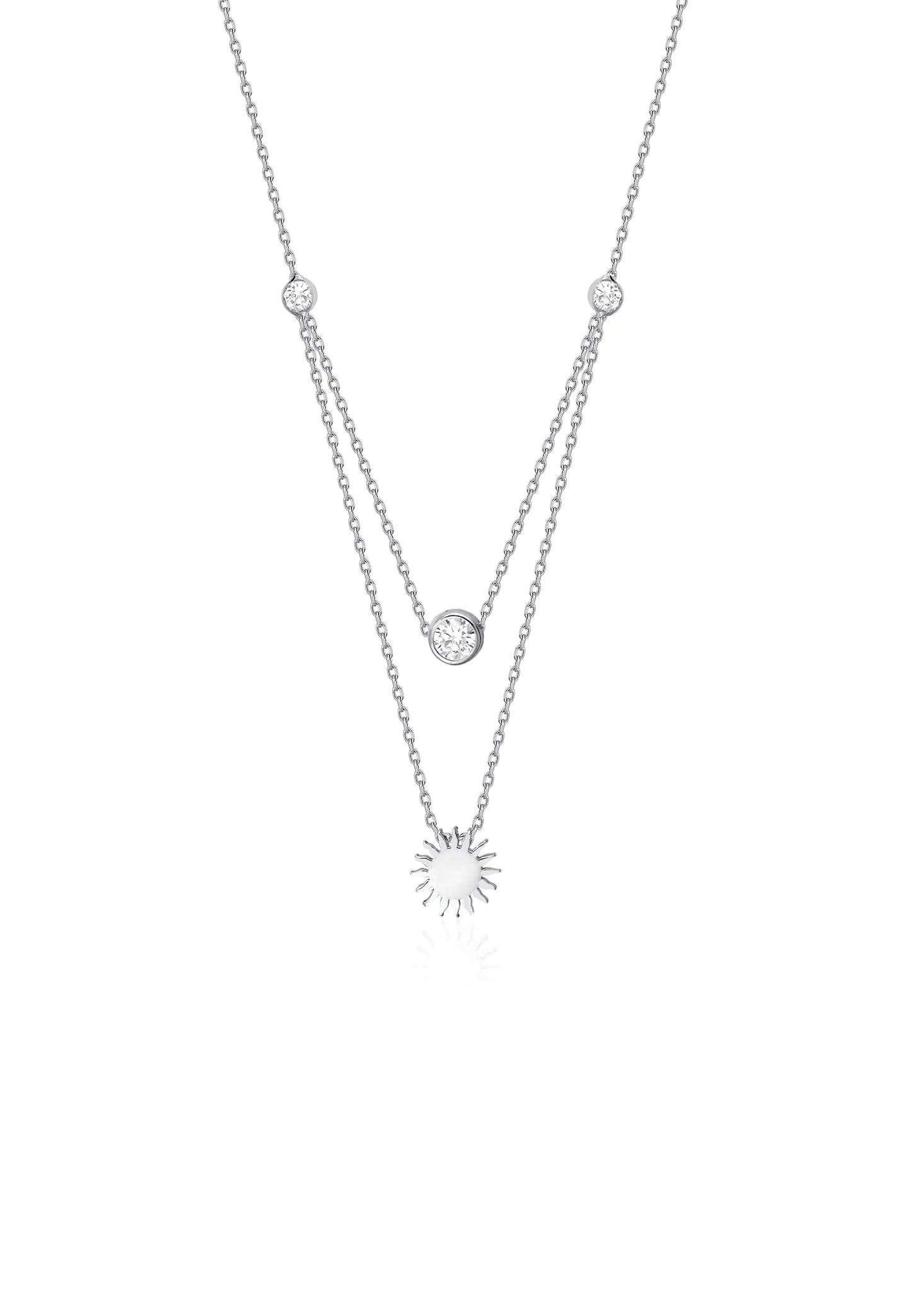 Çift Zincirli Güneş Detaylı Gümüş Kolye