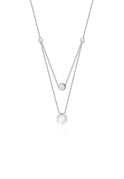 Çift Zincirli Güneş Detaylı Gümüş Kolye