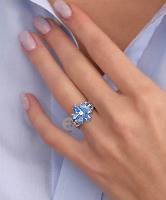 Çiçek Desen Mavi Taşlı Ayarlanabilir Yüzük