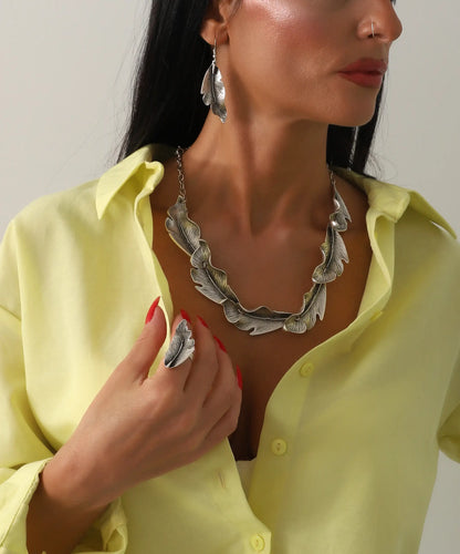 Doğal Dokulu Gümüş Kaplama Yaprak Kolye