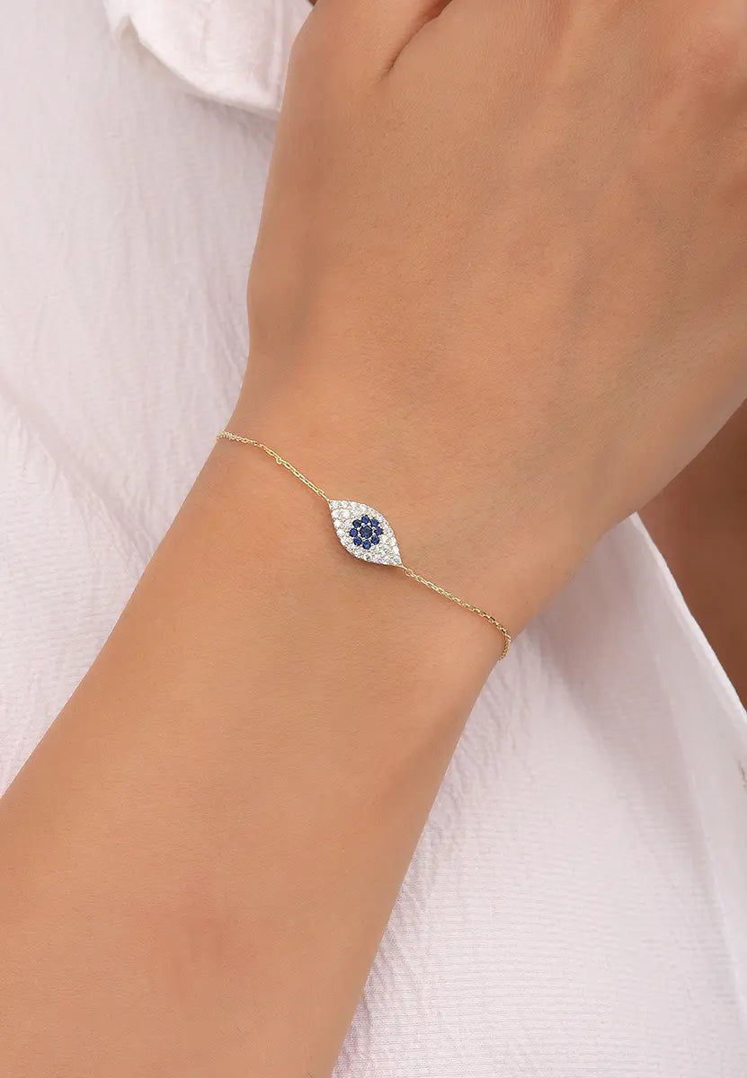 Altın Kaplama Nazar Boncuğu Figürlü Gümüş Zincir Bileklik