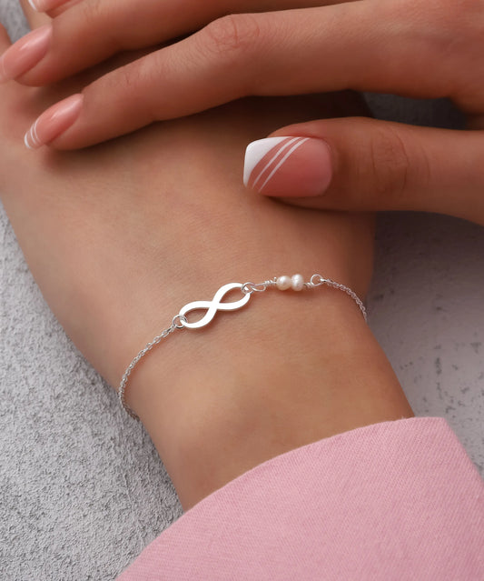 İnci Dokunuşlu Minimal Sonsuzluk Gümüş Bileklik