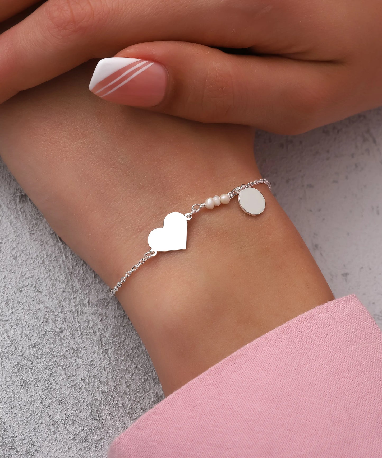 İnci Detaylı Minimal Kalp Gümüş Bileklik
