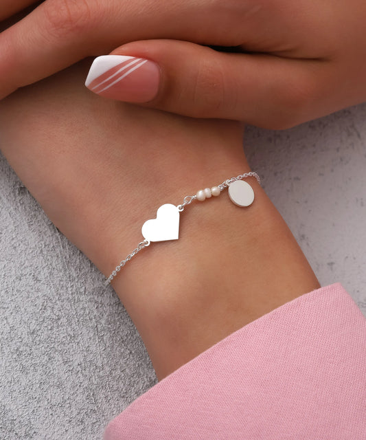 İnci Detaylı Minimal Kalp Gümüş Bileklik