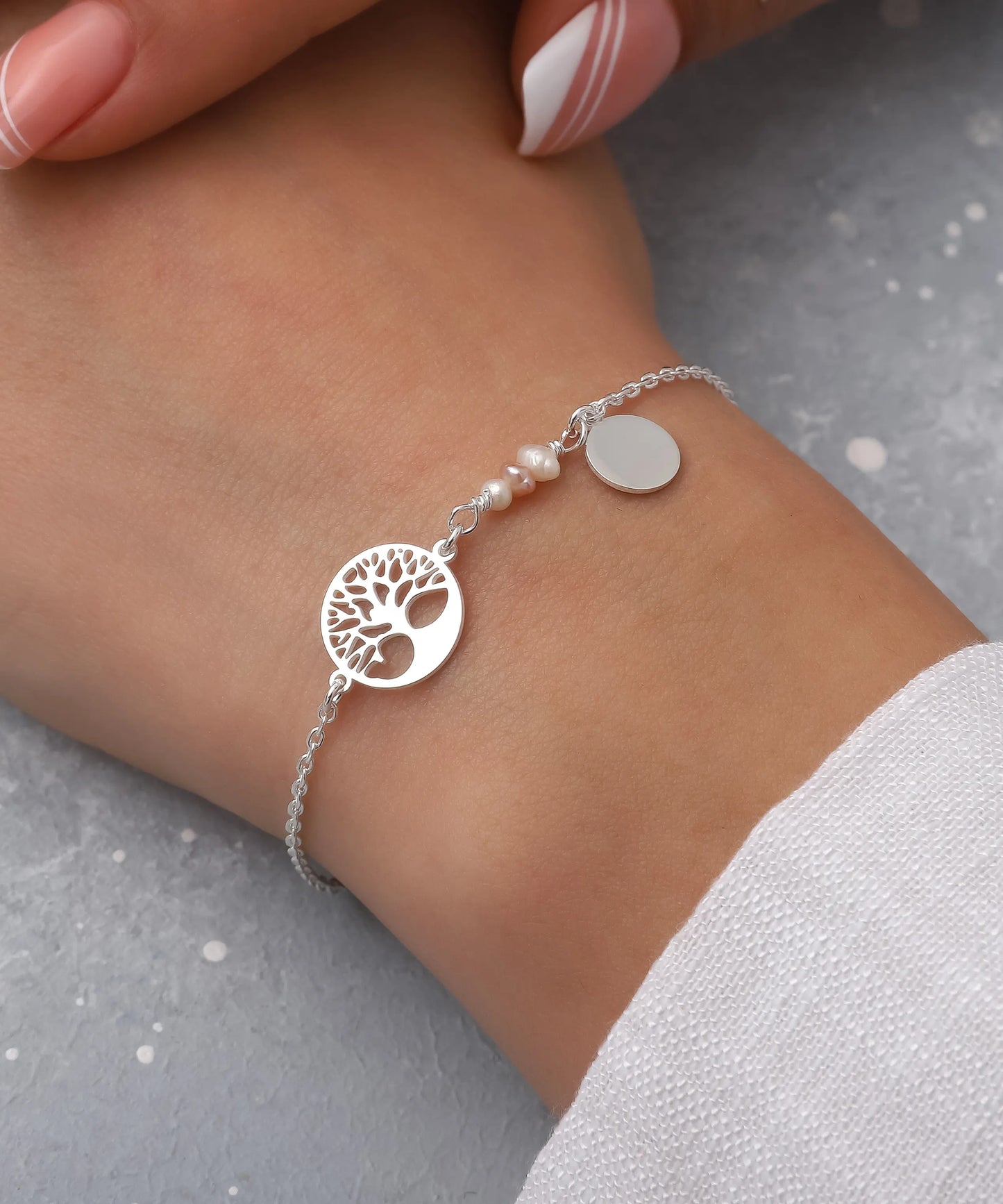 İnci Detaylı Minimal Hayat Ağacı Gümüş Bileklik