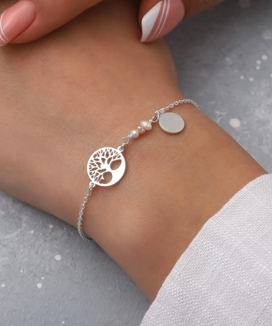 İnci Detaylı Minimal Hayat Ağacı Gümüş Bileklik