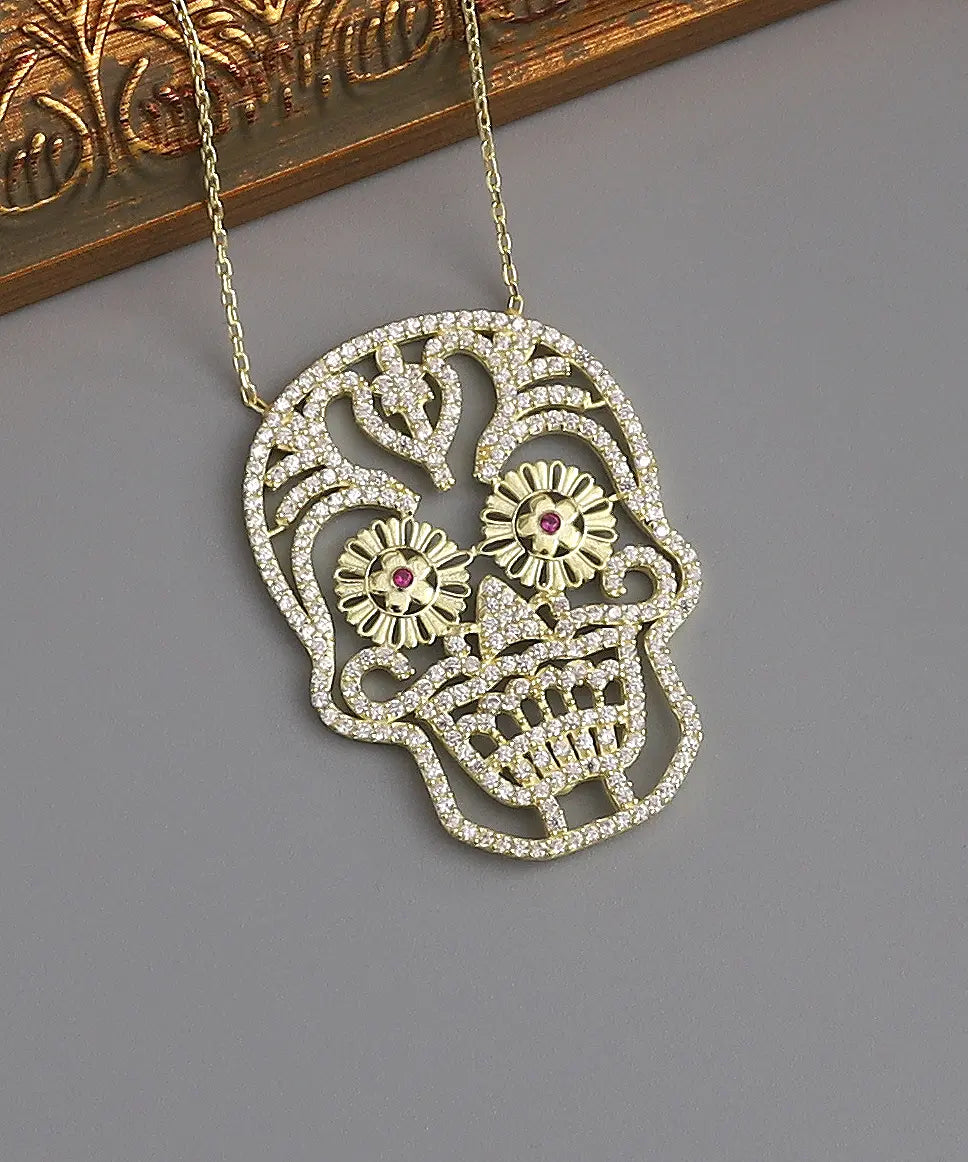 Altın Kaplama Taş Detaylı Kurukafa Kolye