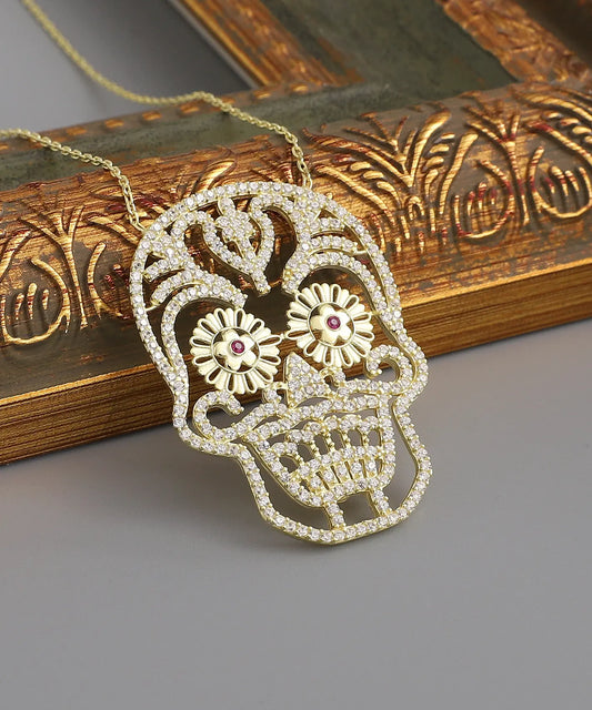 Altın Kaplama Taş Detaylı Kurukafa Kolye