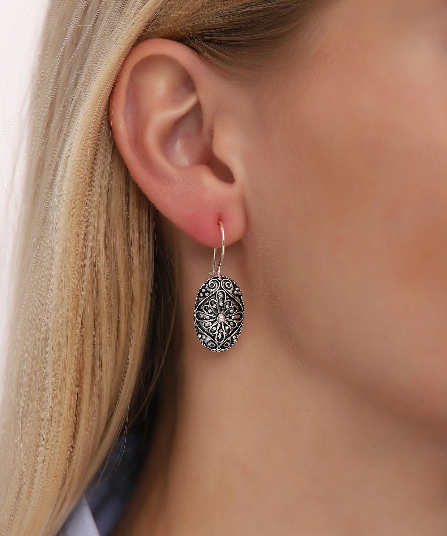 Vintage Telkari İşlemeli Oval Gümüş Küpe