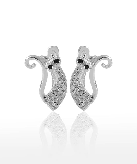 Gümüş Taşlı Minimal Kedi Küpe