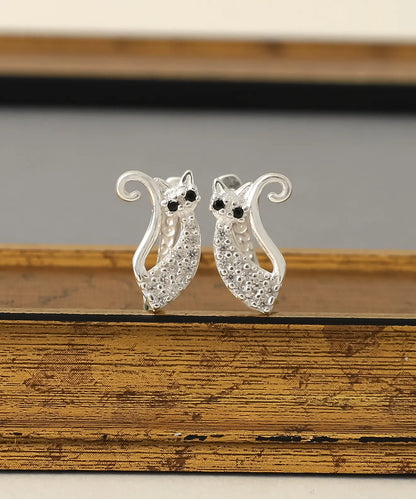 Gümüş Taşlı Minimal Kedi Küpe