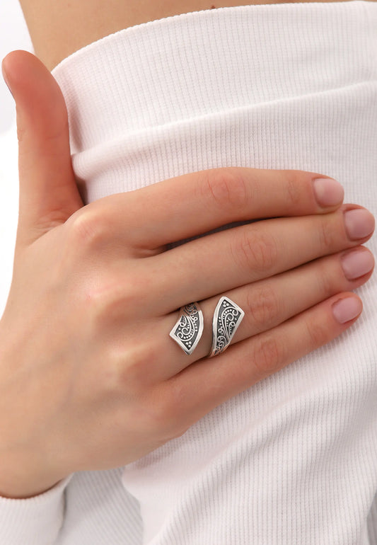 Motifli Bohem Gümüş Yüzük